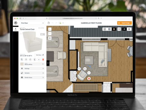 Laptop displaying Floorplanner®极速赛车168体彩开奖官网开奖3D room planner interface