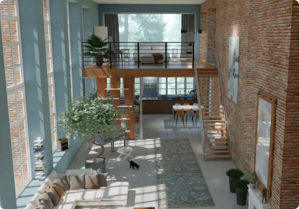 Photorealistic 3D interior render created with Floorplanner for design professionals